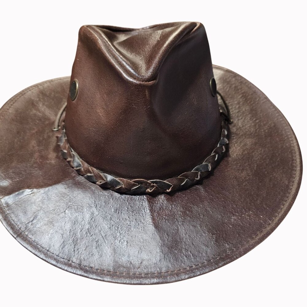 Henschel Brown Distressed Leather Cowboy Hat Braided Band Chin Cord USA Medium - Picture 5 of 9